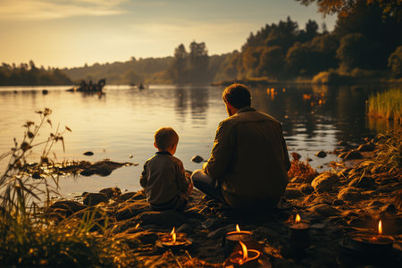 Multigenerational family camping by a lake, with a young boy and grandpa fishing in the middle, side view,Generated with AIの素材