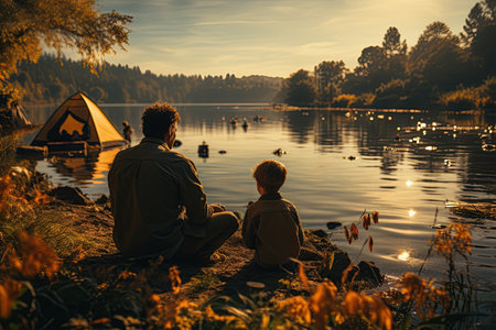 Multigenerational family camping by a lake, with a young boy and grandpa fishing in the middle, side view,Generated with AIの素材