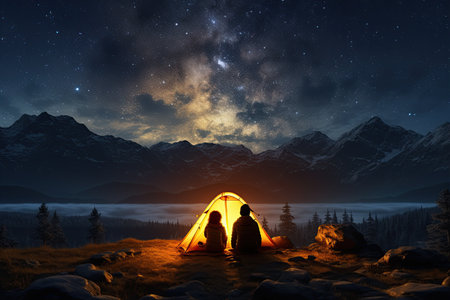 Adventurous Tourists Under Starry Sky tourist with flashlight stands near glowing yellow tent,Generated with AIの素材
