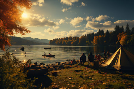 Multigenerational family camping by a lake, with a young boy and grandpa fishing in the middle, side view,Generated with AIの素材