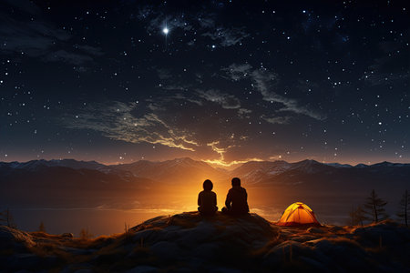 Adventurous Tourists Under Starry Sky tourist with flashlight stands near glowing yellow tent,Generated with AIの素材