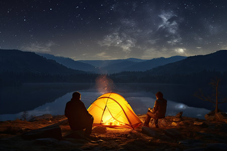 Adventurous Tourists Under Starry Sky tourist with flashlight stands near glowing yellow tent,Generated with AIの素材