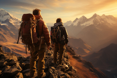 Two determined mountaineers standing at their well-prepared base camp, surrounded by rugged and challenging terrain,Generated with AIの素材