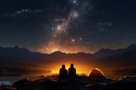 Adventurous Tourists Under Starry Sky tourist with flashlight stands near glowing yellow tent,Generated with AIの素材