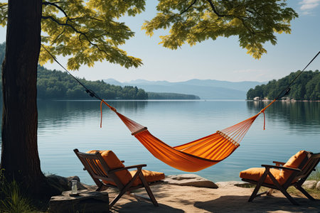 Relaxing by the Orange Hammock: Two individuals unwind on an orange hammock, enjoying a serene lakeside view,Generated with AIの素材