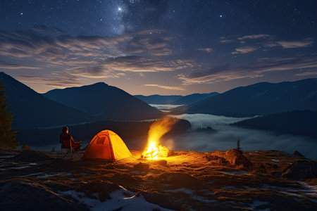 Adventurous Tourists Under Starry Sky tourist with flashlight stands near glowing yellow tent,Generated with AIの素材