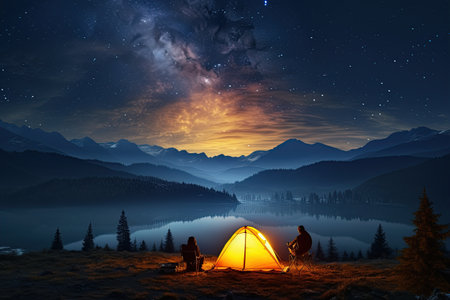 Adventurous Tourists Under Starry Sky tourist with flashlight stands near glowing yellow tent,Generated with AIの素材