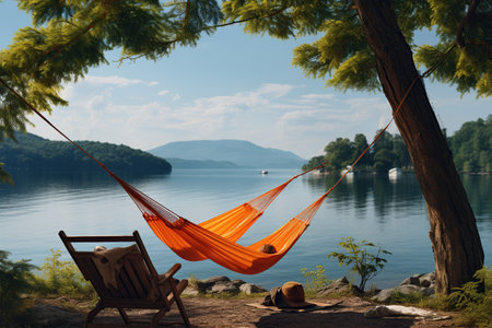 Relaxing by the Orange Hammock: Two individuals unwind on an orange hammock, enjoying a serene lakeside view,Generated with AIの素材