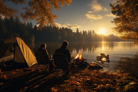 Multigenerational family camping by a lake, with a young boy and grandpa fishing in the middle, side view,Generated with AIの素材