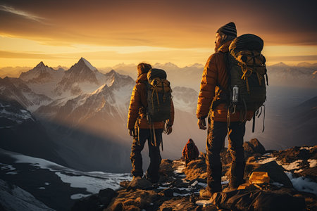 Two determined mountaineers standing at their well-prepared base camp, surrounded by rugged and challenging terrain,Generated with AIの素材