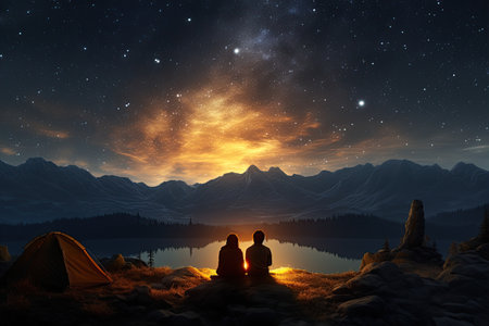 Adventurous Tourists Under Starry Sky tourist with flashlight stands near glowing yellow tent,Generated with AIの素材