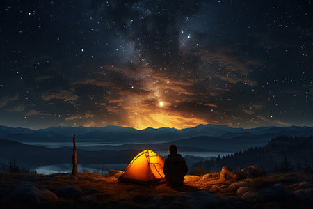 Adventurous Tourists Under Starry Sky tourist with flashlight stands near glowing yellow tent,Generated with AIの素材