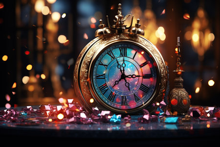 2024 in sparkling, festive New Year Eve decorations, with a countdown clock,Generated with AIの素材