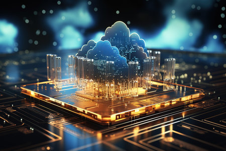 digital technology concept featuring a futuristic hologram with cloud icon,Generated with AIの素材