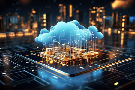 digital technology concept featuring a futuristic hologram with cloud icon,Generated with AIの素材