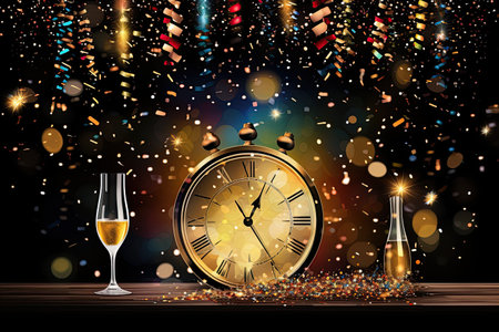 2024 in sparkling, festive New Year Eve decorations, with a countdown clock,Generated with AIの素材