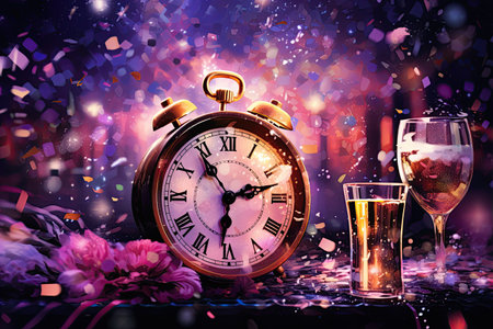2024 in sparkling, festive New Year Eve decorations, with a countdown clock,Generated with AIの素材