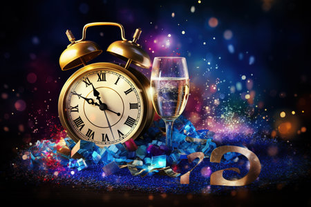 2024 in sparkling, festive New Year Eve decorations, with a countdown clock,Generated with AIの素材