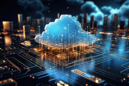 digital technology concept featuring a futuristic hologram with cloud icon,Generated with AIの素材
