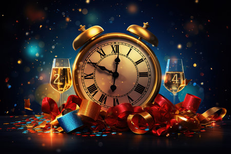 2024 in sparkling, festive New Year Eve decorations, with a countdown clock,Generated with AIの素材