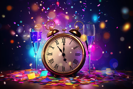 2024 in sparkling, festive New Year Eve decorations, with a countdown clock,Generated with AIの素材