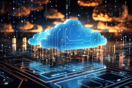 digital technology concept featuring a futuristic hologram with cloud icon,Generated with AIの素材