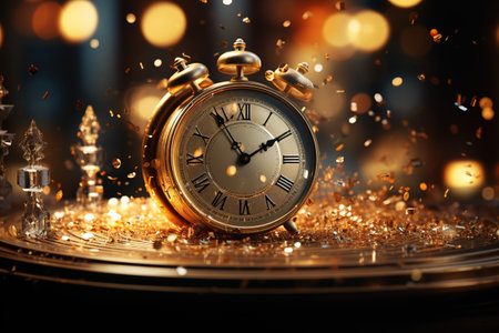 2024 in sparkling, festive New Year Eve decorations, with a countdown clock,Generated with AIの素材