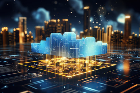 digital technology concept featuring a futuristic hologram with cloud icon,Generated with AIの素材