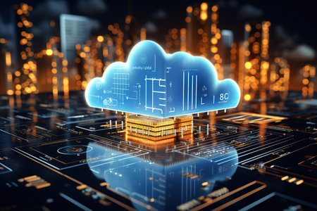 digital technology concept featuring a futuristic hologram with cloud icon,Generated with AIの素材