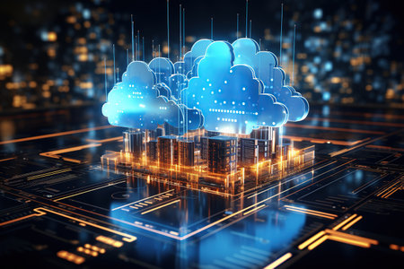 digital technology concept featuring a futuristic hologram with cloud icon,Generated with AIの素材