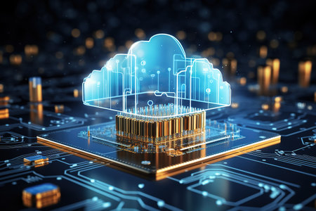 digital technology concept featuring a futuristic hologram with cloud icon,Generated with AIの素材
