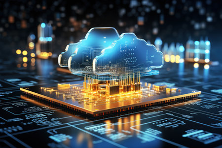 digital technology concept featuring a futuristic hologram with cloud icon,Generated with AIの素材