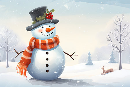 snowman, adorned festive scarf, snowy winter wonderland.Generated with AIの素材
