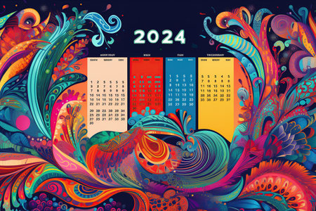 A 2024 calendar featuring all 12 months with dates and holidays highlighted,Generated with AIの素材
