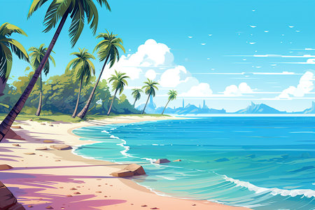 A tropical beach scene with palm trees, white sand, and crystal-clear blue water,Generated with AIの素材