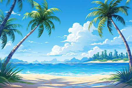 A tropical beach scene with palm trees, white sand, and crystal-clear blue water,Generated with AIの素材