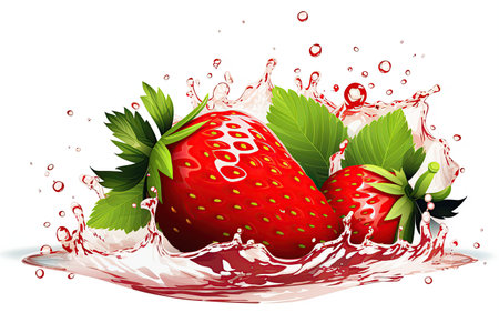 strawberry juicy splashed green leaves ,isolated white background,Generated with AIの素材