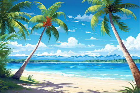 A tropical beach scene with palm trees, white sand, and crystal-clear blue water,Generated with AIの素材