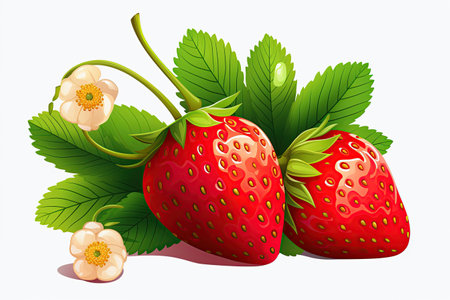 strawberry juicy splashed green leaves ,isolated white background,Generated with AIの素材