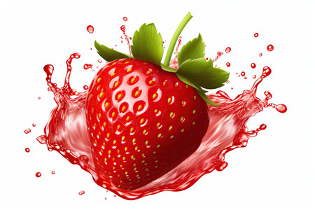 strawberry juicy splashed green leaves ,isolated white background,Generated with AIの素材