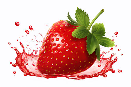 strawberry juicy splashed green leaves ,isolated white background,Generated with AIの素材