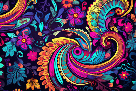 intricate paisley pattern, featuring vibrant colors and elegant details,Generated with AIの素材
