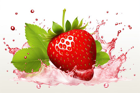 strawberry juicy splashed green leaves ,isolated white background,Generated with AIの素材