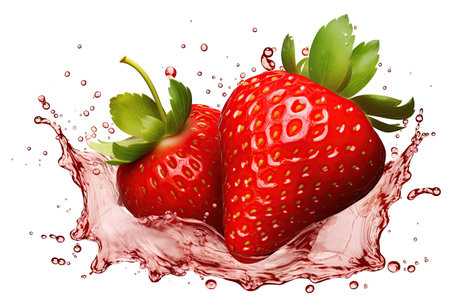 strawberry juicy splashed green leaves ,isolated white background,Generated with AIの素材