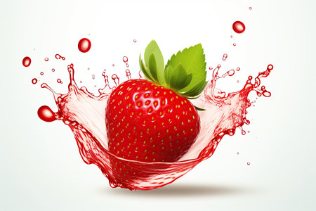 strawberry juicy splashed green leaves ,isolated white background,Generated with AIの素材