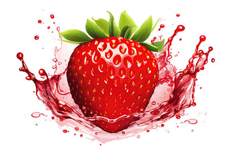 strawberry juicy splashed green leaves ,isolated white background,Generated with AIの素材