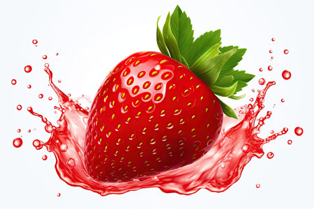 strawberry juicy splashed green leaves ,isolated white background,Generated with AIの素材