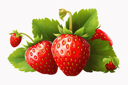 strawberry juicy splashed green leaves ,isolated white background,Generated with AIの素材