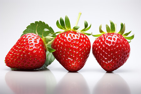 strawberry juicy splashed green leaves ,isolated white background,Generated with AIの素材
