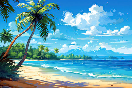 A tropical beach scene with palm trees, white sand, and crystal-clear blue water,Generated with AIの素材